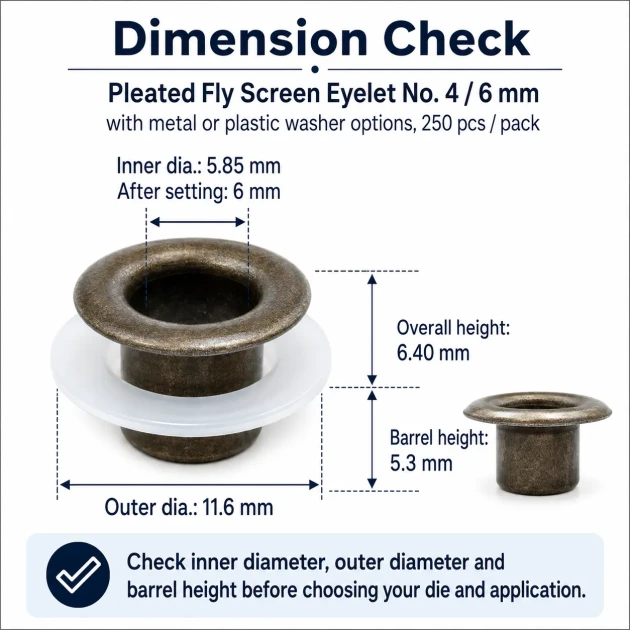 Pleated Insect Screen Eyelet 6 mm / 0.236 in with Metal or Plastic Washer Options – Pack of 250 for footwear, bags