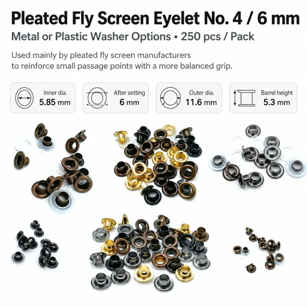 Pleated Insect Screen Eyelet 6 mm / 0.236 in with Metal or Plastic Washer Options – Pack of 250 for footwear, bags