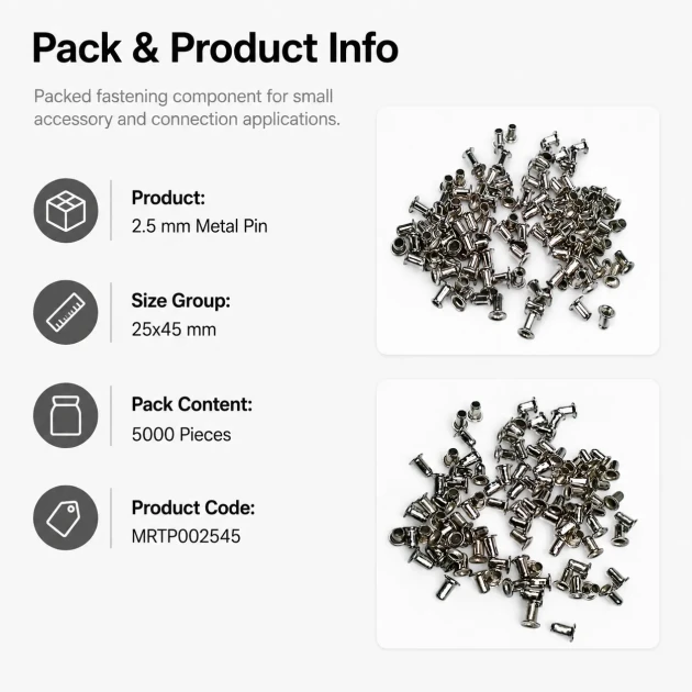 2.5 mm Steel Pin, 25x45 mm, 5000 Pieces Bulk Pack for Textile and Leather Manufacturing