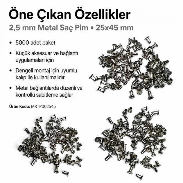 2.5 mm Steel Pin, 25x45 mm, 5000 Pieces Bulk Pack for Textile and Leather Manufacturing