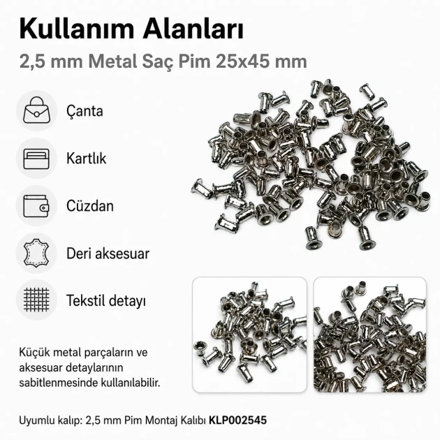 2.5 mm Steel Pin, 25x45 mm, 5000 Pieces Bulk Pack for Textile and Leather Manufacturing