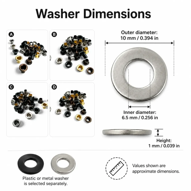 Extra-Long Domed Sheet Metal Eyelet 5.3 mm / 0.209 in with Washer Options, ideal for textiles, leather goods, and crafts