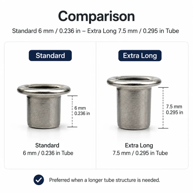 Extra-Long Domed Sheet Metal Eyelet 5.3 mm / 0.209 in with Washer Options, ideal for textiles, leather goods, and crafts