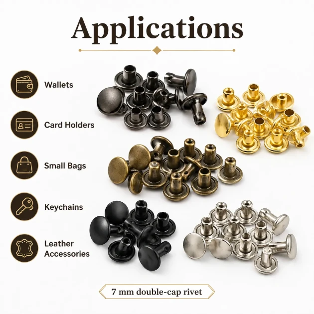 33 Double Cap Rivet 7 mm (0.28") Front Cap / 7 mm (0.28") Back Cap / 7.5 mm (0.30") Post Steel Rivet for wallets and leather