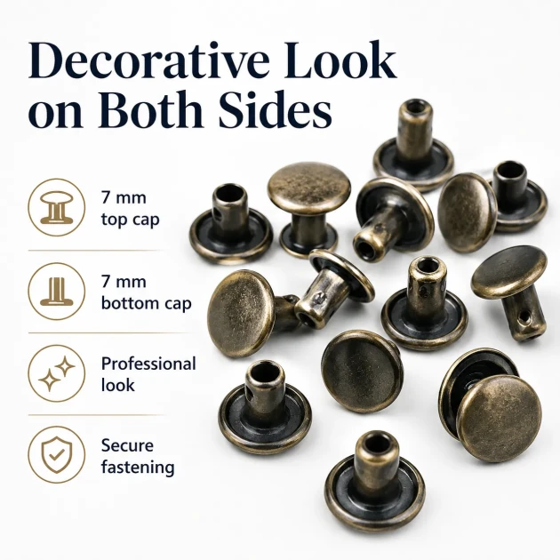 33 Double Cap Rivet 7 mm (0.28") Front Cap / 7 mm (0.28") Back Cap / 7.5 mm (0.30") Post Steel Rivet for wallets and leather