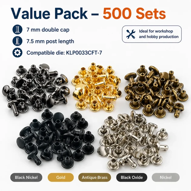 33 Double Cap Rivet 7 mm (0.28") Front Cap / 7 mm (0.28") Back Cap / 7.5 mm (0.30") Post Steel Rivet for wallets and leather