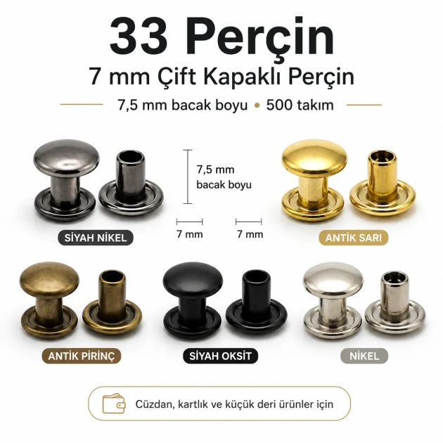 33 Double Cap Rivet 7 mm (0.28") Front Cap / 7 mm (0.28") Back Cap / 7.5 mm (0.30") Post Steel Rivet for wallets and leather