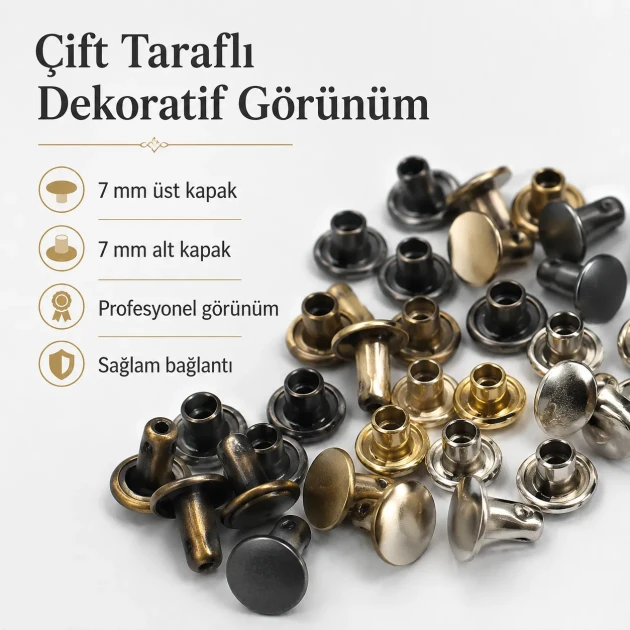 33 Double Cap Rivet 7 mm (0.28") Front Cap / 7 mm (0.28") Back Cap / 7.5 mm (0.30") Post Steel Rivet for wallets and leather