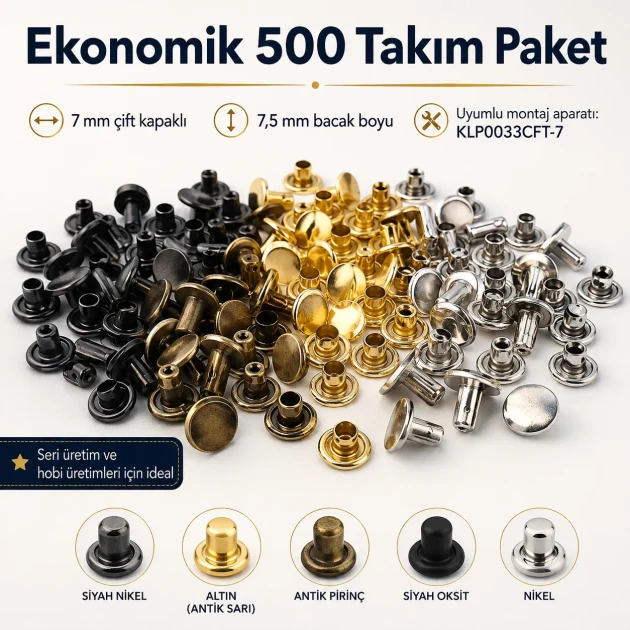 33 Double Cap Rivet 7 mm (0.28") Front Cap / 7 mm (0.28") Back Cap / 7.5 mm (0.30") Post Steel Rivet for wallets and leather