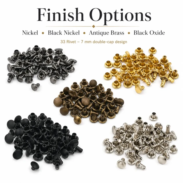 33 Double Cap Rivet 7 mm (0.28") Front Cap / 7 mm (0.28") Back Cap / 7.5 mm (0.30") Post Steel Rivet for wallets and leather