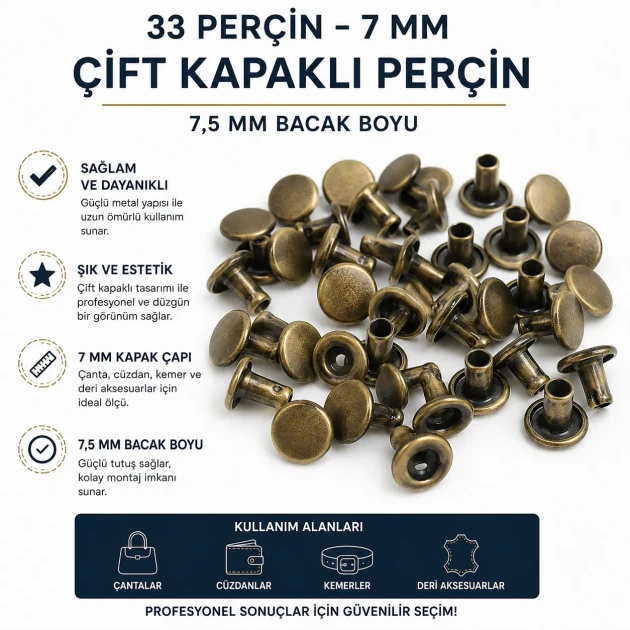 33 Double Cap Rivet 7 mm (0.28") Front Cap / 7 mm (0.28") Back Cap / 7.5 mm (0.30") Post Steel Rivet for wallets and leather