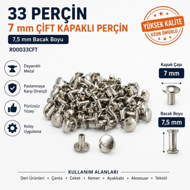 33 Double Cap Rivet 7 mm (0.28") Front Cap / 7 mm (0.28") Back Cap / 7.5 mm (0.30") Post Steel Rivet for wallets and leather