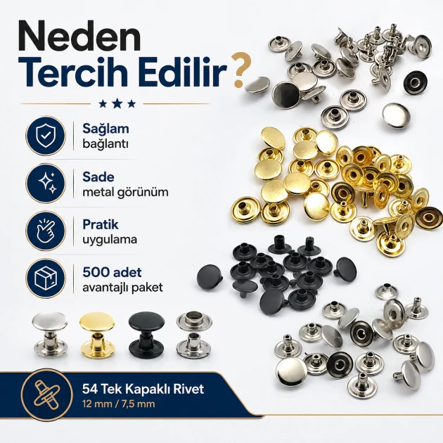 54 Single Cap Rivet 12 mm (0.47") / 7.5 mm (0.29") Post Steel Rivet Set - 500 Pieces