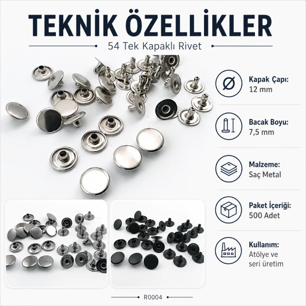 54 Single Cap Rivet 12 mm (0.47") / 7.5 mm (0.29") Post Steel Rivet Set - 500 Pieces