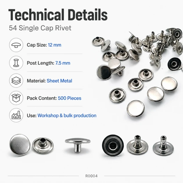 54 Single Cap Rivet 12 mm (0.47") / 7.5 mm (0.29") Post Steel Rivet Set - 500 Pieces