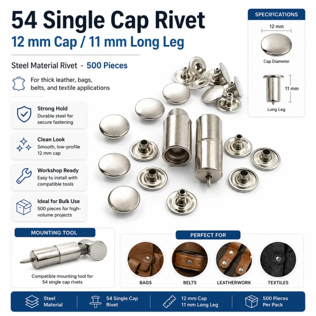 54 Single Cap Rivet 12 mm (0.47") / 7.5 mm (0.29") Post Steel Rivet – 500 Pieces R0004