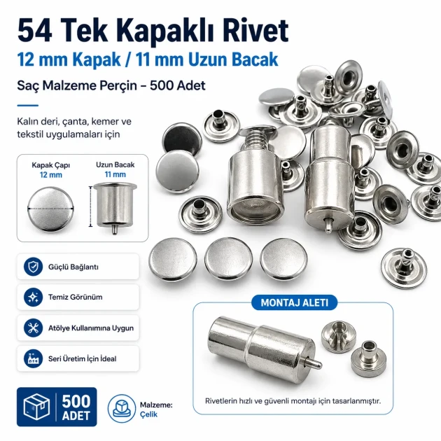54 Single Cap Rivet 12 mm (0.47") / 7.5 mm (0.29") Post Steel Rivet – 500 Pieces R0004