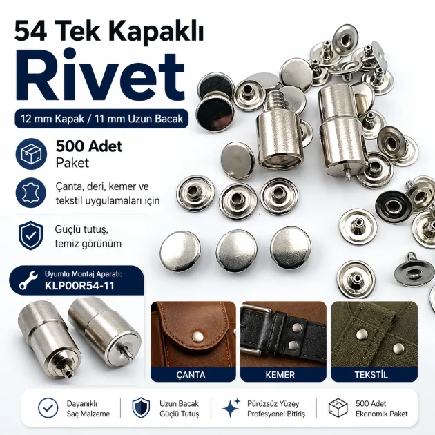 54 Single Cap Rivet 12 mm (0.47") / 7.5 mm (0.29") Post Steel Rivet – 500 Pieces R0004