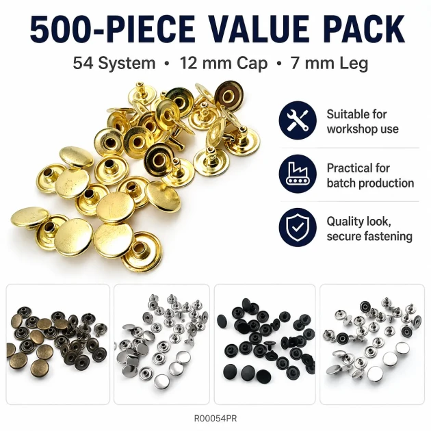 54 Rivet 12 mm (0.47") Cap / 7 mm (0.28") Post Brass Rivet for bags, belts, wallets, and textile accessories - 500 Pieces