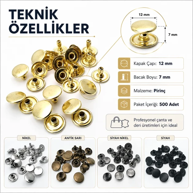 54 Rivet 12 mm (0.47") Cap / 7 mm (0.28") Post Brass Rivet for bags, belts, wallets, and textile accessories - 500 Pieces