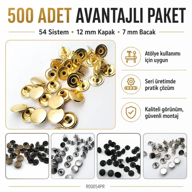 54 Rivet 12 mm (0.47") Cap / 7 mm (0.28") Post Brass Rivet for bags, belts, wallets, and textile accessories - 500 Pieces
