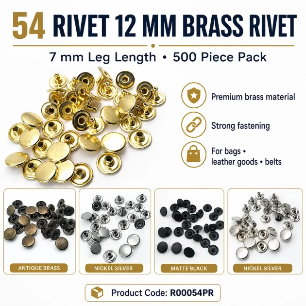 54 Rivet 12 mm (0.47") Cap / 7 mm (0.28") Post Brass Rivet for bags, belts, wallets, and textile accessories - 500 Pieces