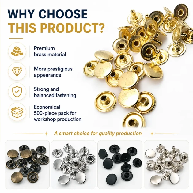54 Rivet 12 mm (0.47") Cap / 7 mm (0.28") Post Brass Rivet for bags, belts, wallets, and textile accessories - 500 Pieces