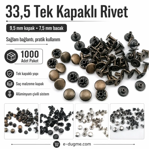 33.5 Single Cap Rivet 9.5 mm (0.37") / 7.5 mm (0.29") Post Steel Rivet for bags, leather goods, and textile accessories