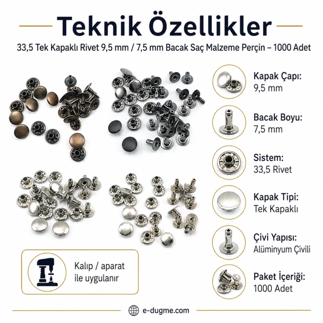 33.5 Single Cap Rivet 9.5 mm (0.37") / 7.5 mm (0.29") Post Steel Rivet for bags, leather goods, and textile accessories