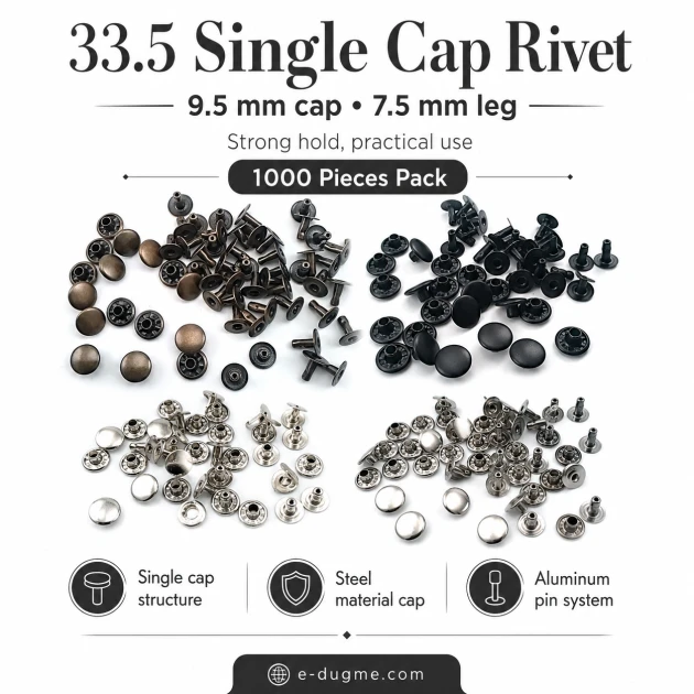 33.5 Single Cap Rivet 9.5 mm (0.37") / 7.5 mm (0.29") Post Steel Rivet for bags, leather goods, and textile accessories