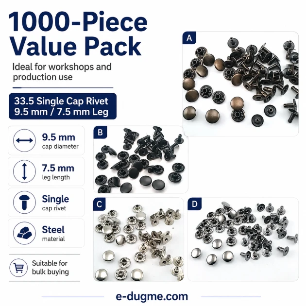 33.5 Single Cap Rivet 9.5 mm (0.37") / 7.5 mm (0.29") Post Steel Rivet for bags, leather goods, and textile accessories