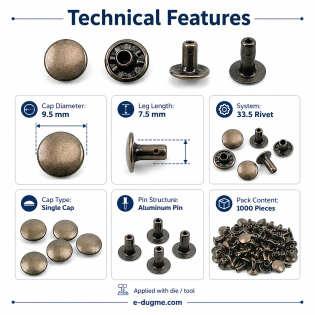 33.5 Single Cap Rivet 9.5 mm (0.37") / 7.5 mm (0.29") Post Steel Rivet for bags, leather goods, and textile accessories
