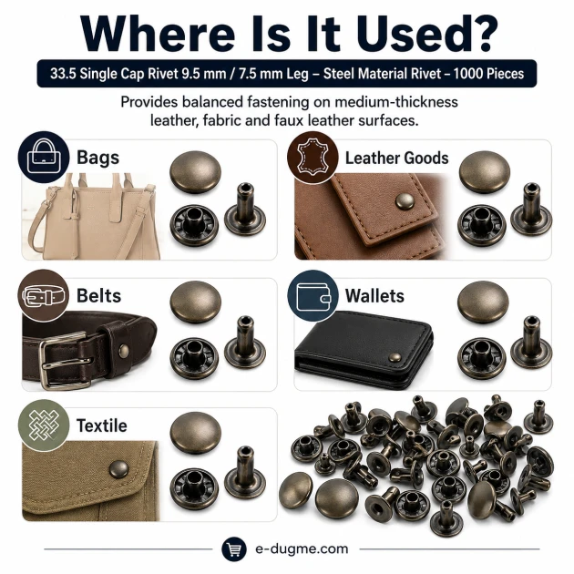 33.5 Single Cap Rivet 9.5 mm (0.37") / 7.5 mm (0.29") Post Steel Rivet for bags, leather goods, and textile accessories