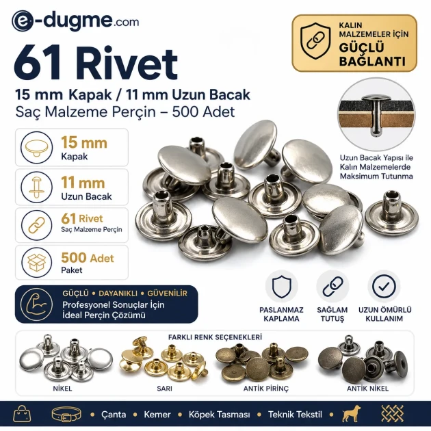 61 Rivet with 15 mm (0.59") Cap and 11 mm (0.43") Long Post, Steel Rivet for Handbags and Leather Goods - 500 Pieces