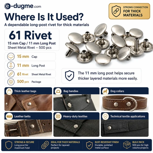 61 Rivet with 15 mm (0.59") Cap and 11 mm (0.43") Long Post, Steel Rivet for Handbags and Leather Goods - 500 Pieces