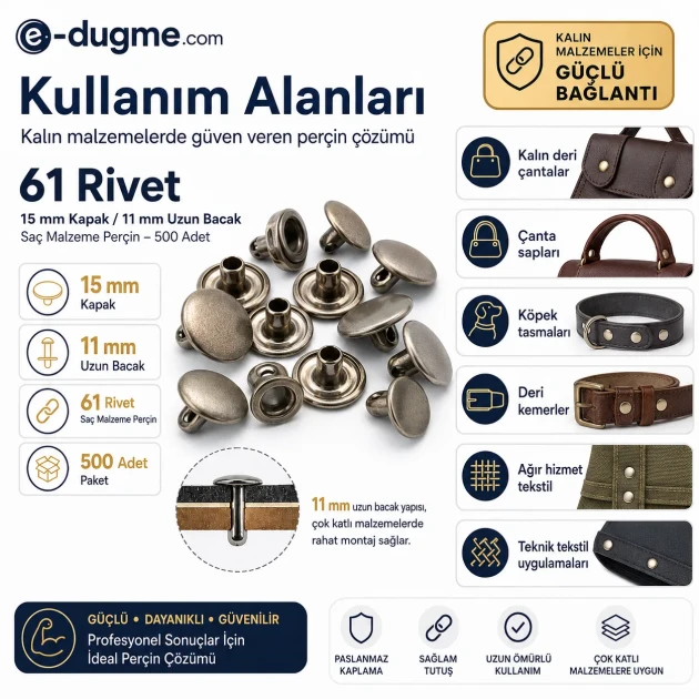 61 Rivet with 15 mm (0.59") Cap and 11 mm (0.43") Long Post, Steel Rivet for Handbags and Leather Goods - 500 Pieces