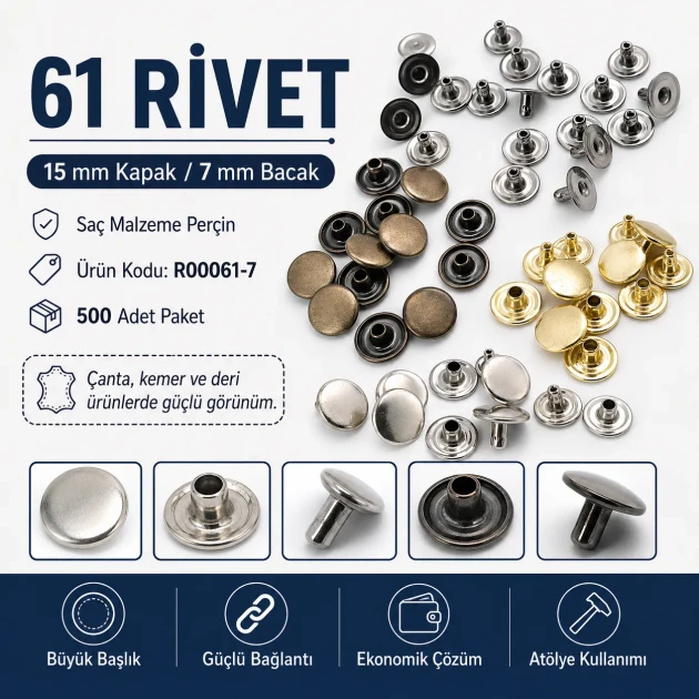 61 Rivet 15 mm (0.59") Cap with 7 mm (0.28") Post Steel Rivet for bags, belts, and leather goods - 500 Pieces