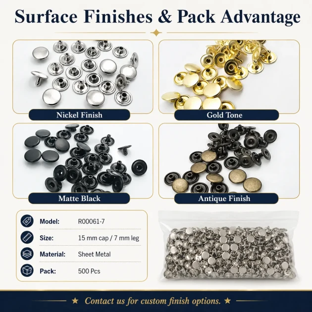 61 Rivet 15 mm (0.59") Cap with 7 mm (0.28") Post Steel Rivet for bags, belts, and leather goods - 500 Pieces