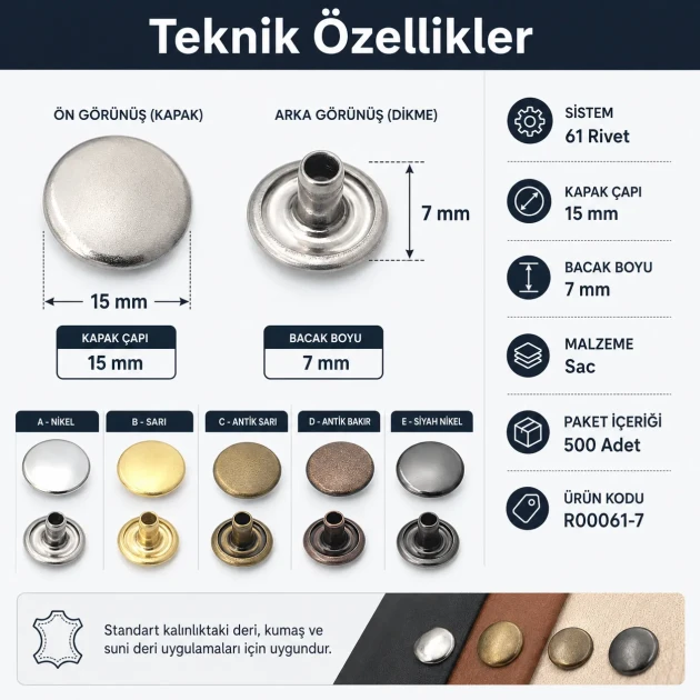 61 Rivet 15 mm (0.59") Cap with 7 mm (0.28") Post Steel Rivet for bags, belts, and leather goods - 500 Pieces