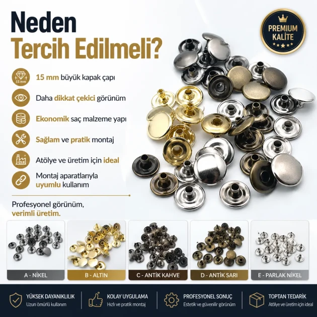 61 Rivet 15 mm (0.59") Cap with 7 mm (0.28") Post Steel Rivet for bags, belts, and leather goods - 500 Pieces