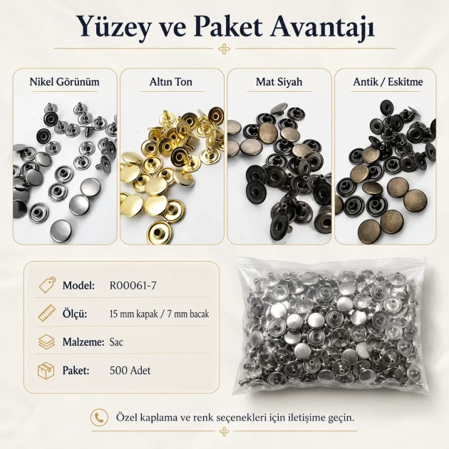 61 Rivet 15 mm (0.59") Cap with 7 mm (0.28") Post Steel Rivet for bags, belts, and leather goods - 500 Pieces