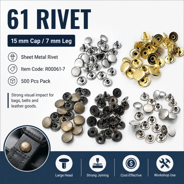 61 Rivet 15 mm (0.59") Cap with 7 mm (0.28") Post Steel Rivet for bags, belts, and leather goods - 500 Pieces