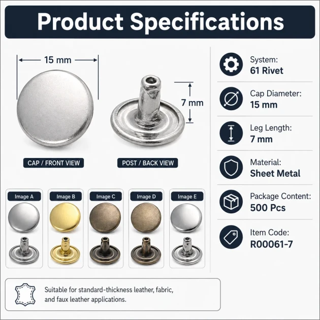 61 Rivet 15 mm (0.59") Cap with 7 mm (0.28") Post Steel Rivet for bags, belts, and leather goods - 500 Pieces