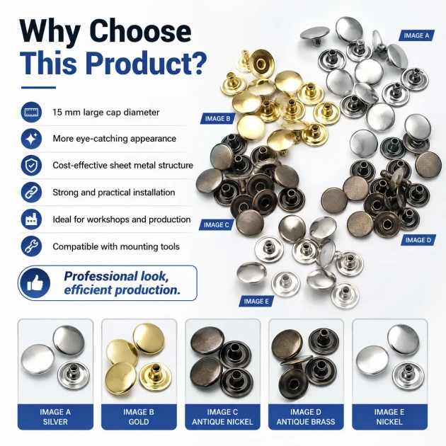 61 Rivet 15 mm (0.59") Cap with 7 mm (0.28") Post Steel Rivet for bags, belts, and leather goods - 500 Pieces