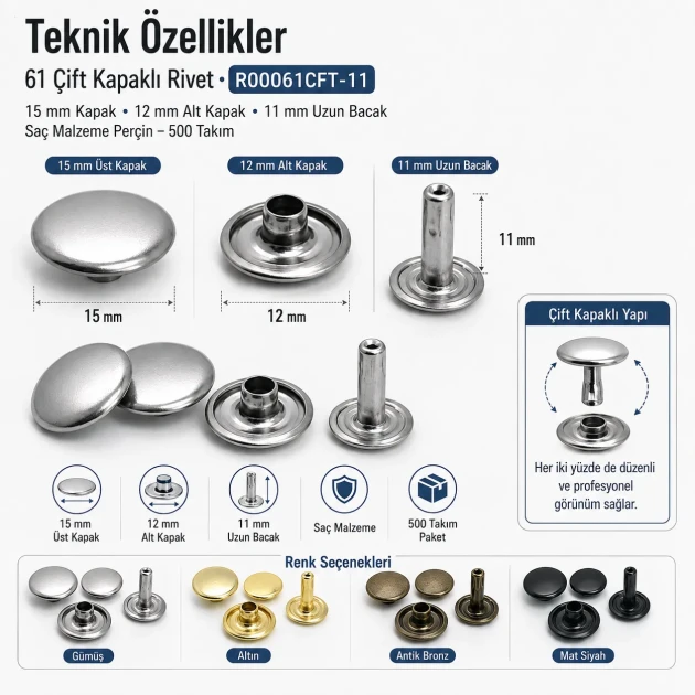 61 Double Cap Rivet 15 mm (0.59") Cap and 12 mm (0.47") Back Cap with 11 mm (0.43") Long Post Steel Rivet for Handbags