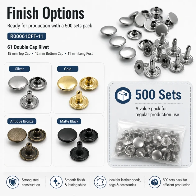 61 Double Cap Rivet 15 mm (0.59") Cap and 12 mm (0.47") Back Cap with 11 mm (0.43") Long Post Steel Rivet for Handbags