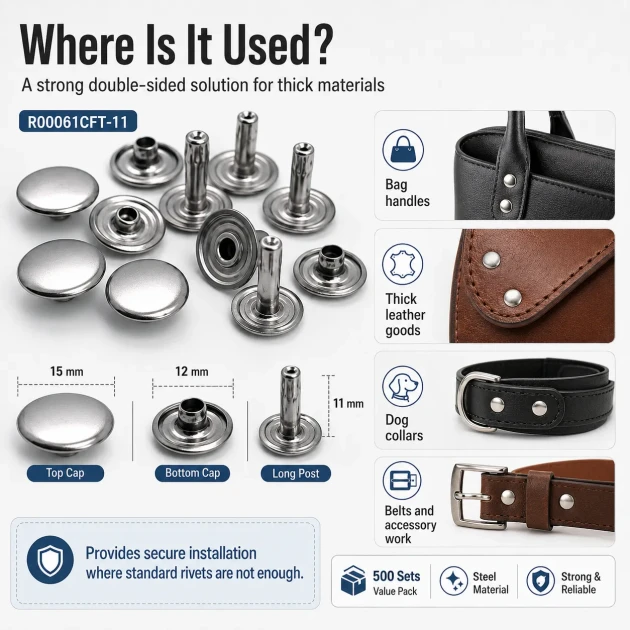 61 Double Cap Rivet 15 mm (0.59") Cap and 12 mm (0.47") Back Cap with 11 mm (0.43") Long Post Steel Rivet for Handbags