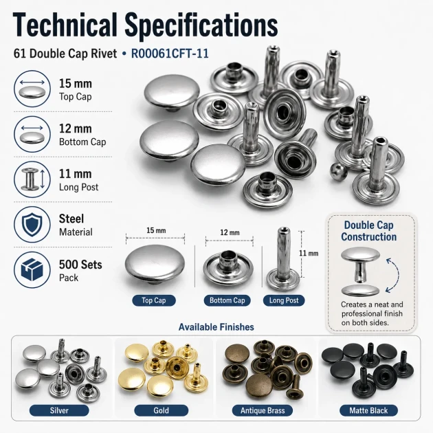 61 Double Cap Rivet 15 mm (0.59") Cap and 12 mm (0.47") Back Cap with 11 mm (0.43") Long Post Steel Rivet for Handbags
