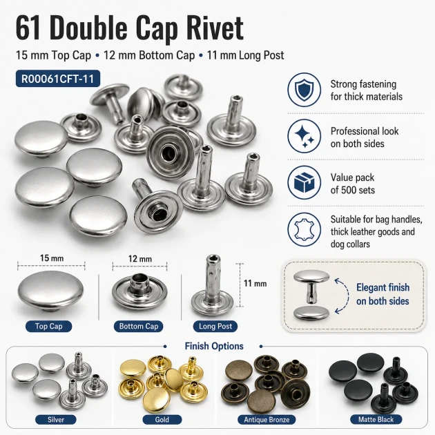 61 Double Cap Rivet 15 mm (0.59") Cap and 12 mm (0.47") Back Cap with 11 mm (0.43") Long Post Steel Rivet for Handbags