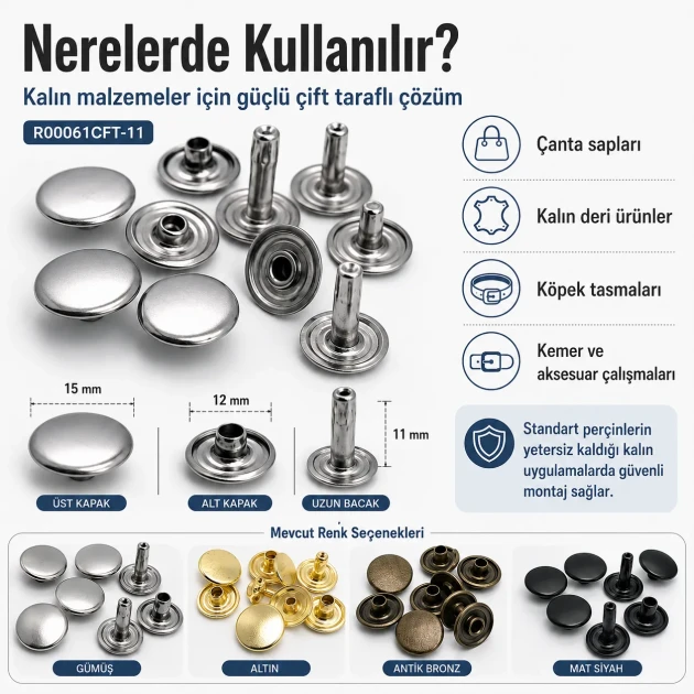 61 Double Cap Rivet 15 mm (0.59") Cap and 12 mm (0.47") Back Cap with 11 mm (0.43") Long Post Steel Rivet for Handbags